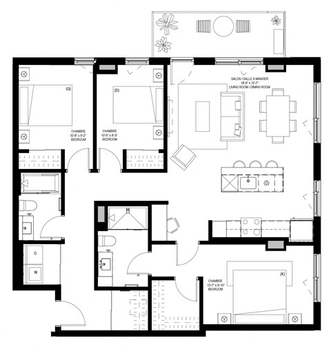 Floor plan for 3 beds, 2 baths, 1222 sqft